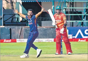  ?? AFP ?? Deepak Chahar (L) appeals for the wicket of Zimbabwe opener Innocent Kaia (R) at Harare Sports Club on Thursday.