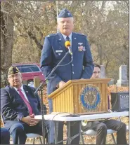  ?? Westside Eagle Observer/SUSAN HOLLAND ?? Jim Hendren, a colonel in the Arkansas Air National Guard and an Air Force F-15 fighter pilot from 1984 to 1992, speaks at a Veterans Day service Nov. 11 in Gravette.