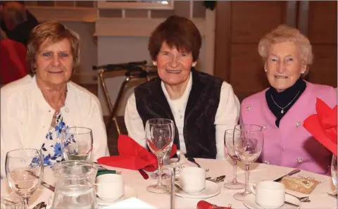  ??  ?? Jackie Bavister, Maureen Hannan and Mary Hooper enjoying the Gorey Senior Citizens Christmas party in the Amber Springs Hotel.