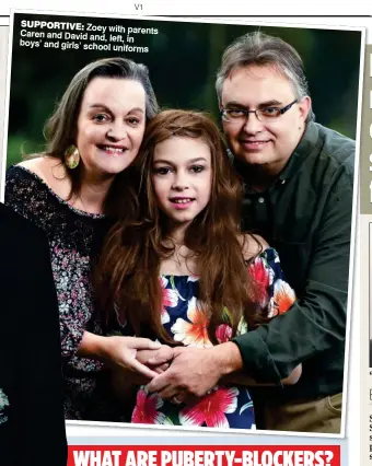  ??  ?? SUPPORTIVE: Zoey with parents Caren and David and, left, in boys’ and girls’ school uniforms