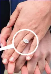  ??  ?? New design: Harry used two diamonds from his mother’s sapphire necklace on Meghan’s engagement ring ‘to know that she’s a part of this with us’