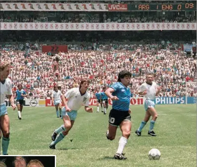  ?? (AFP) ?? Argentinia­n forward Diego Armando Maradona runs past English defenders Terry Butcher (left) and Terry Fenwick (2nd left) on his way to scoring his second goal, or goal of the century, during the World Cup quarter-final match between Argentina and England. Argentina advanced to the semi-finals with a 2-1 victory on June 22, 1986.