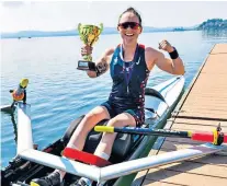  ?? ?? In a good place: Lauren Rowles in training for tomorrow’s World Cup regatta and (left) celebratin­g success