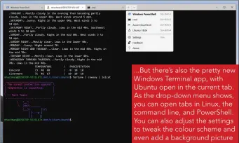  ??  ?? ...But there’s also the pretty new Windows Terminal app, with Ubuntu open in the current tab. As the drop-down menu shows, you can open tabs in Linux, the command line, and PowerShell. You can also adjust the settings to tweak the colour scheme and even add a background picture