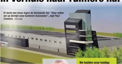  ?? FOTO GVB ?? Er komt een toren tegen de bestaande hal. “Daar willen we op termijn onze kantoren huisvesten”, zegt Paul Cremers.