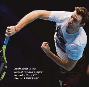  ?? REUTERS PIC ?? Jack Sock is the lowest ranked player to make the ATP Finals.