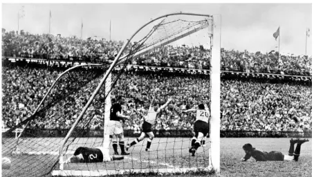  ?? ?? Sure shot: West Germany’s Helmut Rahn (middle, with arms raised), celebrates after equalising against Hungary in the final at Wankdorf Stadium, in Bern, Switzerlan­d. Rahn also scored the match-winner in the 84th minute.