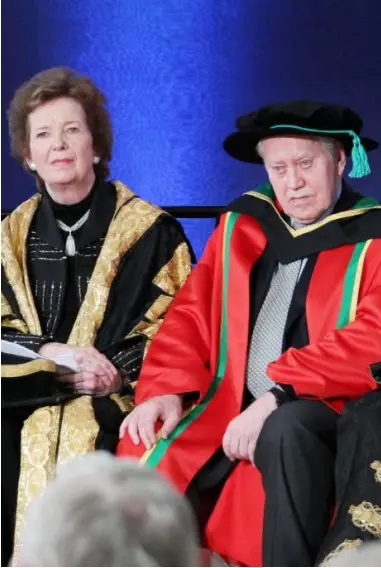  ??  ?? Chuck Feeney, with former President Mary Robinson, at a ceremony to honour the Irish-American philanthro­pist in Dublin Castle in 2012. Photo: Collins