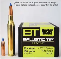  ??  ?? Johan se .25-06 het ’n groot voorliefde vir 100gr Nosler Ballistic Tip-koeëls, soos beskryf in die artikel.