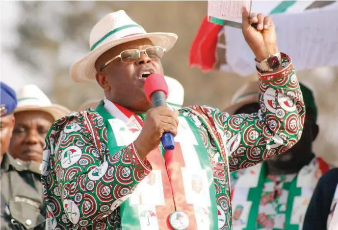  ??  ?? Umahi addressing crowds of supporters during the campaigns. He finally made it..