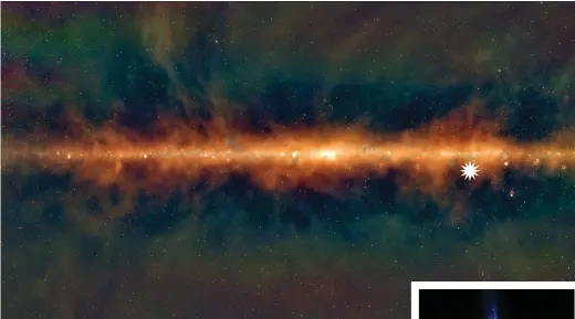  ?? ?? The star (top, at right) marks the newly discovered object in this radio-frequency image of the Milky Way from the Murchison Widefield Array. Above right: an artist’s impression of what the object might look like.