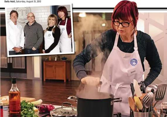  ??  ?? Hotting up: Janet in the kitchen and, left, with John, Gregg and fellow contestant Jo Wood