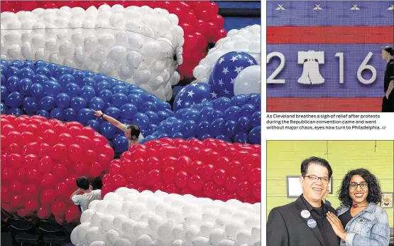  ?? DREW ANGERER / GETTY IMAGES AP ?? Balloons sit on the arena floor before they are hoisted to the rafters at the Wells Fargo Center on Friday in Philadelph­ia. The Democratic National Convention will formally kick off on Monday. As Cleveland breathes a sigh of relief after protests...