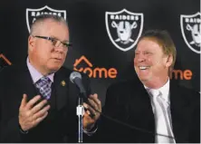  ?? Ben Margot / Associated Press ?? Alameda County Supervisor Scott Haggerty (left) and Raiders owner Mark Davis announce the team’s new rent deal.