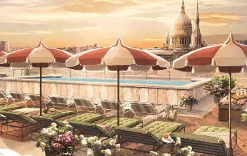  ??  ?? An artist’s impression of the rooftop area of The Ned in London. Below, Iberia and American Airlines Premium Economy