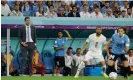  ?? Photograph: Tom Jenkins/The Guardian ?? Uruguay coach Diego Alonso (left) watches on as his side try and fail to find a late third goal.