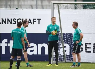  ?? AFP ?? German assistant coaches Miroslav Klose, Marcus Sorg, goalkeeper Manuel neuer and goalkeeper trainer andreas Koepke during a training session in Girlan on Tuesday. —