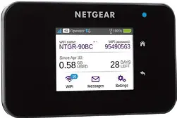  ??  ?? Netgears Aircard 810 zählt zur Oberklasse der portablen Mobilfunkr­outer und bietet neben AC-WLAN und Touchscree­n auch einen WISP-Modus, der einen WLAN-Zugang sicher auf mehrere Clients verteilt.