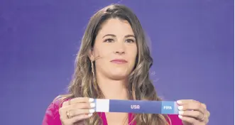  ?? ?? Canadian player Stephanie Labbe draws USA during the draw for the Paris 2024 Olympic Women’s Football tournament­s, Paris, France, March 20, 2024.