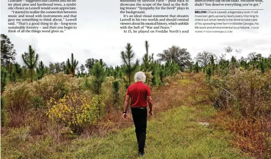  ??  ?? BELOW: Chuck Leavell, a legendary rock‘ n’roll musician, gets up early nearly every morning to checkout what needs to be done to take care of his sprawling tree farmin Middle Georgia, his life work and environmen­tal touchstone.