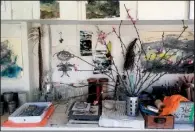  ?? AP/LOUESA ROEBUCK ?? Artist Louesa Roebuck’s work studio in Ojai, Calif., includes some of her monotype studies, along with pieces by friends and peach blossoms.