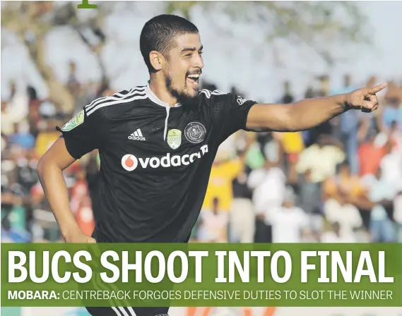  ?? Picture: Backpagepi­x ?? POINTING THE WAY. Abbubaker Mobara of Orlando Pirates celebrates after scoring the only goal in the Nedbank Cup semifinal against Golden Arrows at Princess Magogo Stadium yesterday.