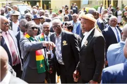  ?? — Pictures: Innocent Makawa ?? President Mnangagwa talks to chiefs, while Local Government and Public Works Minister Winston Chitando (left) listens during the handover of replacemen­t vehicles to traditiona­l leaders in Harare yesterday.