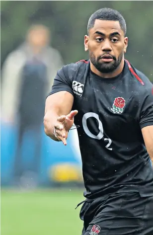  ??  ?? Training day: Wing Joe Cokanasiga (above) prepares to make his senior England debut, in a side which will be led by George Ford (left) on his 50th appearance; Dylan Hartley (right) talks tactics with head coach Eddie Jones