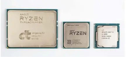  ??  ?? De keuze voor een processor bepaalt het moederbord­platform: hier een 16-core AMD Ryzen Threadripp­er (links), AMD Ryzen 7 met 8 cores of Intel Core i-8000 met zes cores.