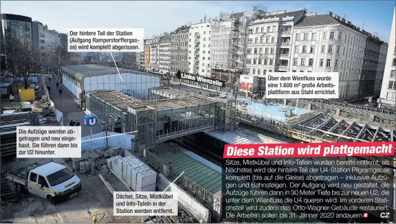  ??  ?? Der hintere Teil der Station (Aufgang Ramperstor­ffergasse) wird komplett abgerissen. Die Aufzüge werden abgetragen und neu eingebaut. Sie führen dann bis zur U2 hinunter. Dächer, Sitze, Mistkübel und Info-Tafeln in der Station werden entfernt. Über dem Wienfluss wurde eine 1.600 m² große Arbeitspla­ttform aus Stahl errichtet.