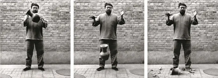  ?? SAN FRANCISCO MUSEUM OF MODERN ART ?? Ai Weiwei’s 1995work “Dropping a Han Dynasty Urn” depicts the famed artist, as the title says, dropping a 2,000-year-old Han dynasty urn to the ground, breaking it into pieces.