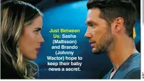  ??  ?? Just Between Us: Sasha (Mattsson) and Brando (Johnny Wactor) hope to keep their baby news a secret.