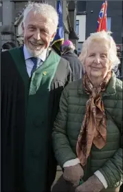  ??  ?? Cllr Jim Moore with Miss Margaret Hearn, whose grandfathe­r J S Hearn was lost on the ‘Leinster’. He was mentioned during the service.
