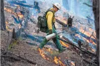  ?? EDDIE MOORE/JOURNAL ?? Larry Martinez, from Española, hand lights a prescribed burn in the Santa Fe watershed in September 2015.