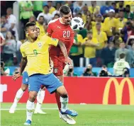  ??  ?? Brazil’s Gabriel Jesus (left) is challenged by Serbia’s Sergej Milinkovic­Savic during the group E match between Serbia and Brazil at the 2018 World Cup in the Spartak Stadium, Moscow, Russia, on June 27.