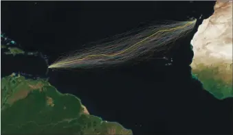  ??  ?? La transatlan­tique en flotte britanniqu­e ARC utilise le système YB. Il permet de restituer une belle image montrant en gras la trace du bateau, mais aussi en filigrane celles des autres concurrent­s.