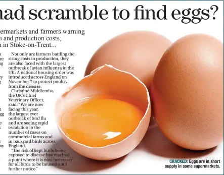  ?? ?? CRACKED: Eggs are in short supply in some supermarke­ts.