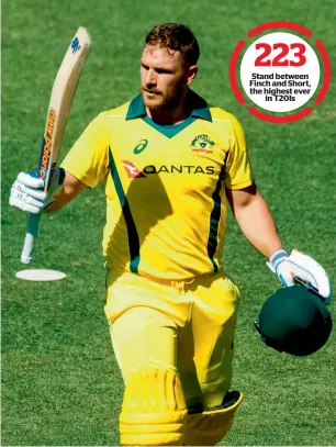  ?? AFP ?? Finch scored his second T20I hundred at the end of the 14th over, taking just 50 deliveries. —