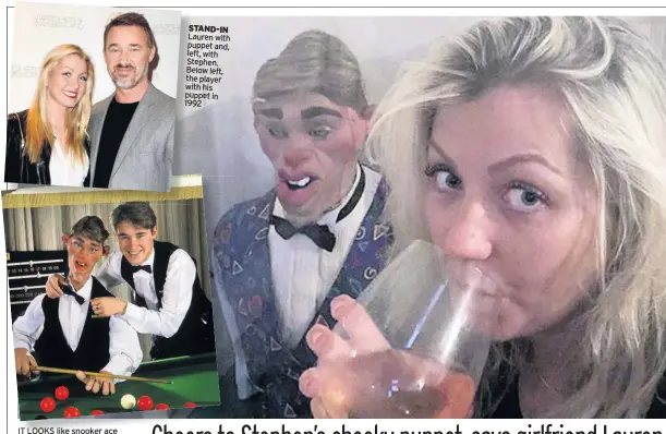  ??  ?? IT LOOKS like snooker ace Stephen Hendry managed to salvage the beloved Spitting Image puppet his ex-wife tried to sell after their bitter marriage split.
And his new partner is using the comedy caricature as a stand-in while her man is away.
We told in 2016 how Mandy Hendry, 51, tried to flog the STAND-IN Lauren with puppet and, left, with Stephen. Below left, the player with his puppet in 1992