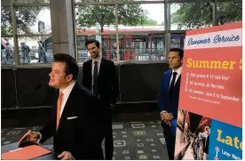  ?? BEN WEAR / AMERICAN-STATESMAN ?? Austin schools Superinten­dent Paul Cruz talks about the free fare program Wednesday. He is joined by Austin City Manager Spencer Cronk (center) and Capital Metro President and CEO Randy Clarke.