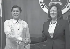  ?? ELOISA LOPEZ/AP ?? U.S. Vice President Kamala Harris, right, meets with Philippine President Ferdinand Marcos Jr. in Manila on Monday.