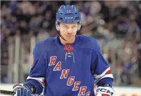  ?? DANNY WILD/USA TODAY SPORTS ?? Rangers left wing Artemi Panarin awaits a face-off against the Philadelph­ia Flyers on April 11 at Madison Square Garden.