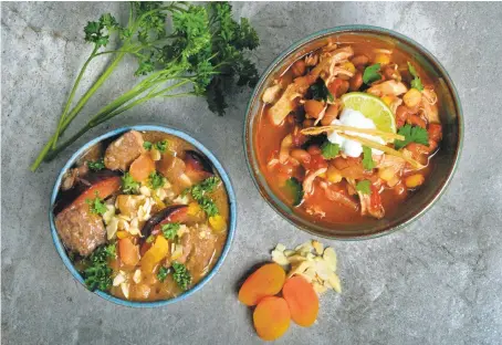  ?? DOUG DURAN/STAFF ?? A tagine-inspired stew, left, can be made with lamb, pork or wild boar, while Chicken and tomato posole gets a tangy garnish from sour cream and fresh lime.