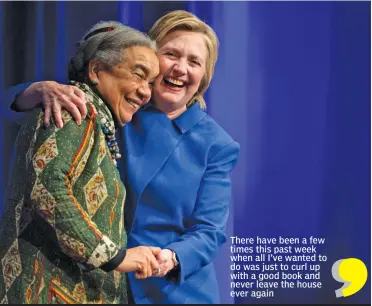  ?? — AP ?? Hillary Clinton hugs Marian Wright Edelman, president and founder of the, Children’s Defence Fund, before addressing the group’s Beat the Odds celebratio­n at the Newseum in Washington on Wednesday.