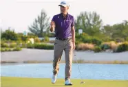  ?? ?? Justin Thomas reacts after making a birdie on the 17th hole during the third round of the Hero World Challenge on Dec. 2 at the Albany Golf Club in New Providence, Bahamas.