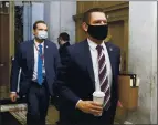  ?? MICHAEL REYNOLDS POOL PHOTO ?? U.S. House impeachmen­t manager Rep. Eric Swalwell arrives on the third day of former U.S. President Donald Trump’s second impeachmen­t trial at the U.S. Capitol on Feb. 11 in Washington, DC.