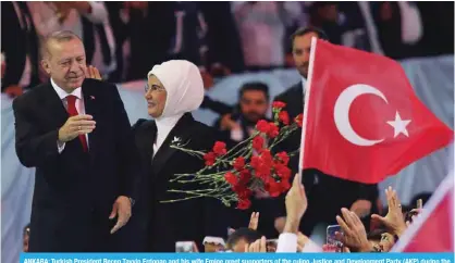  ?? — AFP ?? ANKARA: Turkish President Recep Tayyip Erdogan and his wife Emine greet supporters of the ruling Justice and Developmen­t Party (AKP) during the sixth congress of the AKP to prepare for March local elections yesterday.