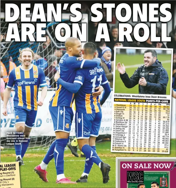  ??  ?? PACE SETTERS: Wealdstone were dominant almost from day one in National League South
CELEBRATIO­NS: Wealdstone boss Dean Brennan