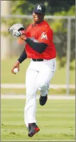  ?? AP PHOTO ?? Miami Marlins outfielder Monte Harrison throws during spring training in Jupiter, Fla.