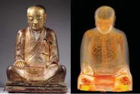  ?? PHOTOS PROVIDED BY THE DRENTS MUSEUM ?? A researcher studies a hole in the ear of a Buddha statue dating to the 11th or 12th century at the Drents Museum in the Netherland­s. The mummified remains of a monk were found encased inside the statue.